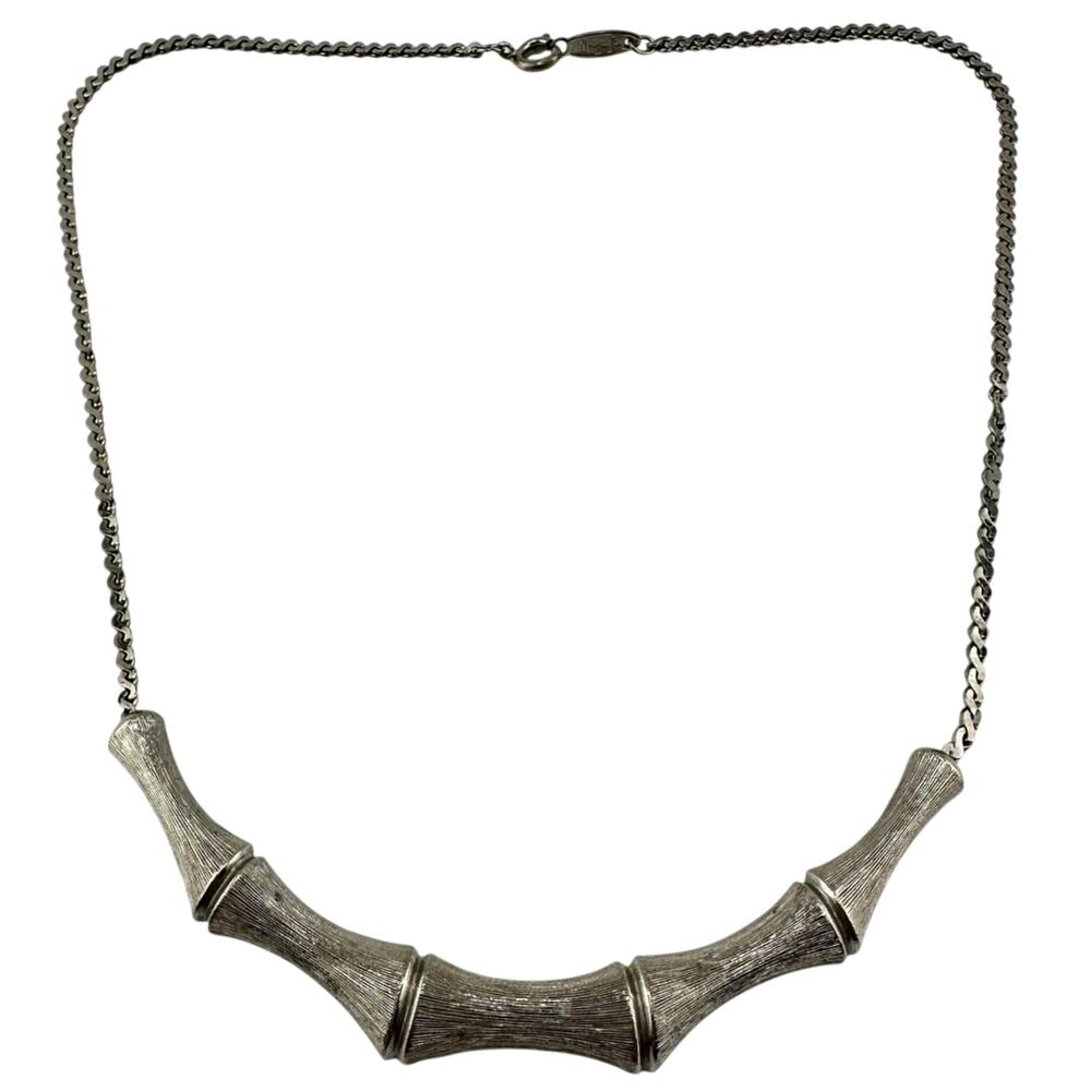 Vintage Retro 1980s Bamboo Pendant Direction One e Silver Tone 16” Necklace